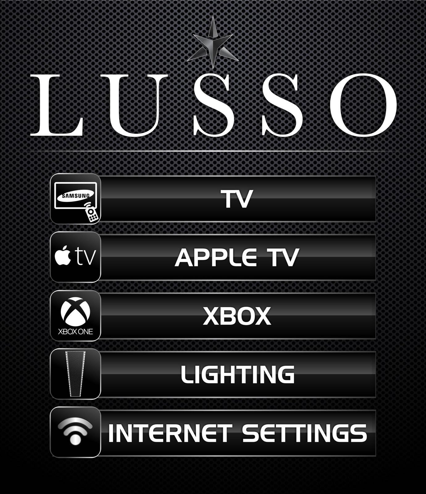Lusso vehicle control app menu screen showing TV, Apple TV, Xbox, Lighting, and Internet Settings options